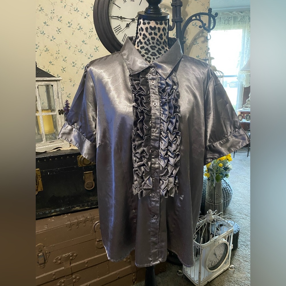 Dots Metallic Gray Ruffled Blouse